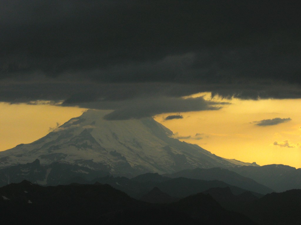 With rough thunderstorms about, Rainier shows off as the sun goes down
